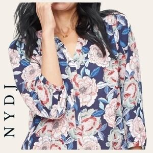 NYDJ Rose 3/4 Sleeve Popover Blouse Sz‎ M Floral Cottagecore Spring Office